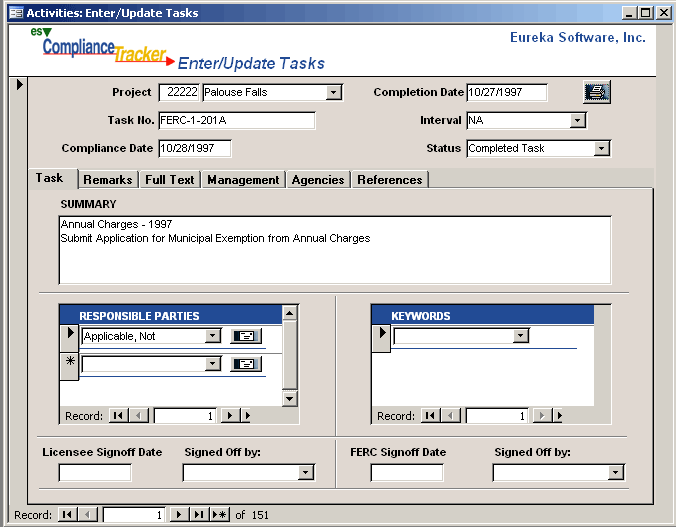 task entry in es Compliance Tracker